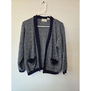 Vintage Knitmakers Cardigan‎ Large Navy Blue White Geometric Knit Open Pockets